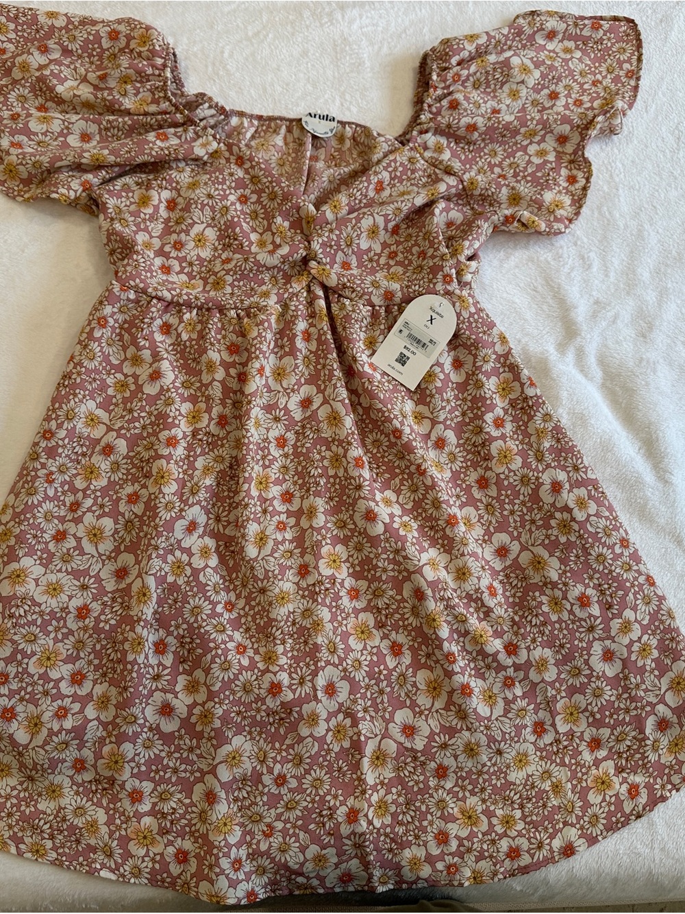 ARULA Dusty Pink Floral Midi Dress with Puff Sleeves